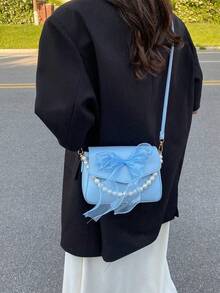 迷你方形仿珍珠装饰翻盖包，日常百搭，PU材质，可调节肩带，完美的情人节礼物，蝴蝶结钱包，最佳情人节礼物之选，适合购物、约会、旅行、通勤及各种场合。 - 彩色 - 查看 7