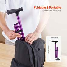 Walking Cane For Man Woman, Folding Walking Stick With 8-Level Adjustable Height, 4-Pronged Pivoting Base, Lightweight & Portable Aluminum Mobility Aid For Senior Adults, 250LBS Loading (Purple) - 紫色 - 查看 5