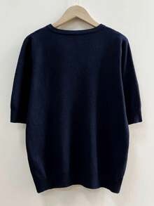 女士纯色V领短袖针织T恤，轻盈宽松，显瘦时尚，简约高端，夏季必备 - 藏蓝色 - 查看 3