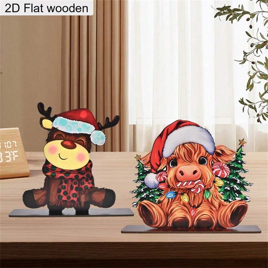 1 Piece Cute Christmas Elk Cow Christmas Tree Wooden Ornament 2D Flat Christmas Decoration Sign Plaque Christmas Desktop Centerpiece Decorations For Living Room Bedroom Office Bar And Dining Holiday Home Decor Ornaments Christmas Gifts - Multicolor - View 1
