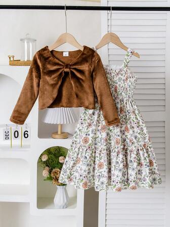 2 件套女童可爱连衣裙，蓬松纯色开衫 + 花卉印花荷叶边下摆吊带裙，舒适灯芯绒休闲连衣裙，适合户外日常穿着