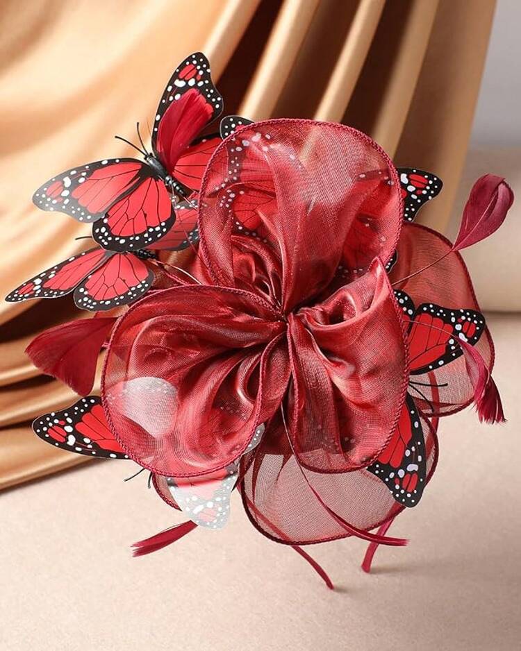 Organza Fascinators Hats - Monarch Tea Party Hat With Hairpin, 2025 Derby Headwear - Màu Đỏ Sâu - Xem 4