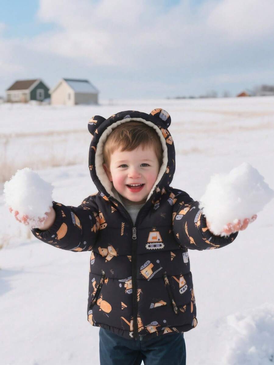 Young Boy Winter Cartoon Excavator Pattern Padded Coat With Warm Zipper And Padded Jacket - Black - View 1