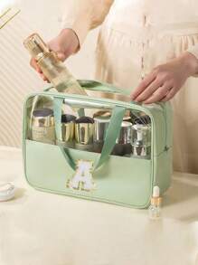 1个透明PVC字母化妆包，防水便携雪尼尔字母拉链化妆品收纳包，简约首字母贴纸旅行化妆包，女士浴室字母印花洗漱包（字母A~Z），送给妈妈的礼物，沙滩包，沙滩必备