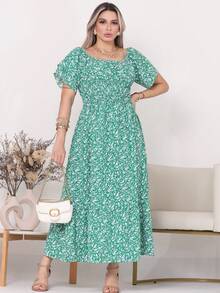 Women's Long Midi Dress With Puffer Sleeves And  Frills, Off-The-Shoulder, Tres Marias Floral - 軍綠色花 - 查看 2