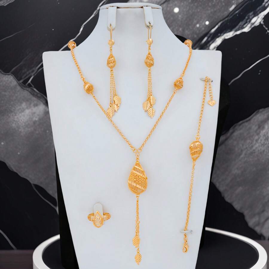 5pcs 18K Gold Plated Copper Floral & Fruit Shaped Waterproof Non-Fading Necklace & Earrings Jewelry Set, Casual Resort Style, Elegant European & Dubai Fashion, Suitable For Wedding, Party, Daily Wear, Gift For Women