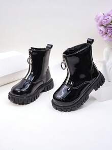 Fashionable Girls' Boots, Black Boots, Black Glossy + Round Ring Zipper, Textured PU Material, Thick Sole Comfortable. - Black - View 7