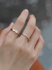 Pair Of 3mm Beveled Wedding Rings, 18k Gold Plated, 925 Silver Solitaire - 金色 - 查看 9