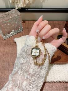1件优雅奢华个性化女士手链腕表，超薄方形简约石英表，适合日常佩戴，生日礼物 - 金色 - 查看 2