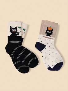 4 Pairs Women's Cute Cartoon Black Cat Combination Fashion Mid-Calf Socks, Versatile For All Seasons, Simple, Soft, Comfortable & Breathable, Suitable For Daily Use