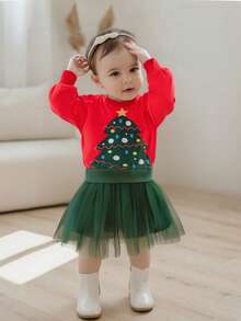Conjunto de 2 piezas de sudadera de manga larga y falda de malla con estampado de árbol de Navidad para niña pequeña - Rojo - Ver 4