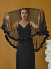 1 pieza Velo de novia negro con ribete de satén fruncido, decoración vintage para Halloween, boda, ropa bohemia de otoño para mujeres