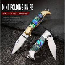 Mini Shell Folding Knife - Iridescent Mother-Of-Pearl Blade, Portable Keychain,Design,Ambidextrous Outdoor Survival, Ambidextrous,  Mini Utility Knife, Camping Essentials, Abalone Inlay Handle, Durable Blade. Men'S Knife Gift - 貝殼白銅頭迷你刀 - 查看 1