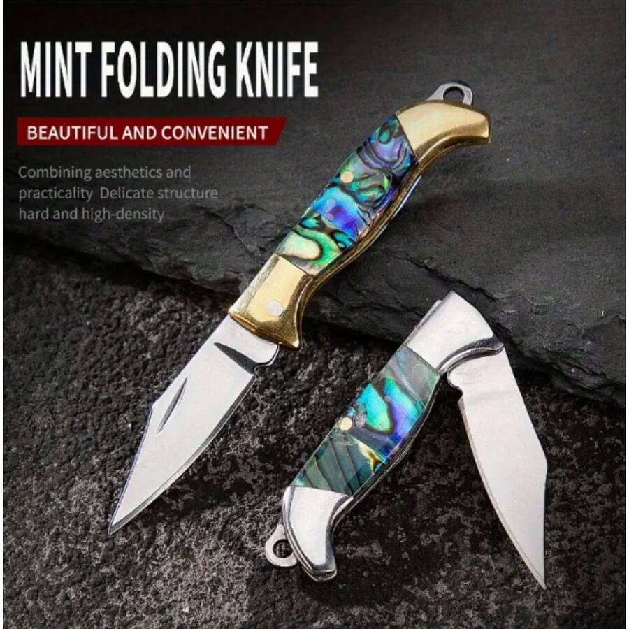 Mini Shell Folding Knife - Iridescent Mother-Of-Pearl Blade, Portable Keychain,Design,Ambidextrous Outdoor Survival, Ambidextrous,  Mini Utility Knife, Camping Essentials, Abalone Inlay Handle, Durable Blade. Men'S Knife Gift - 貝殼白銅頭迷你刀 - 查看 1