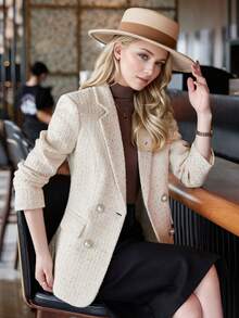 Apricot Blazer Jacket For Women, 2025 Autumn/Winter New Arrival, High-End Elegant Lady Wool Blend Coat