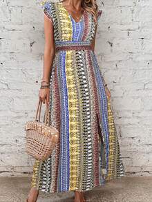 Women Summer Side Split Dress Flying Sleeve V Neck Pattern Print Dress For Party Club - 黃色 - 查看 3