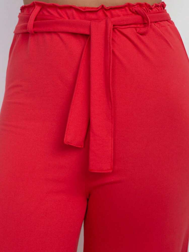 Pantalones anchos básicos informales de color liso con lazo para mujer, primavera, verano y otoño - Fiery Red - Añade 6