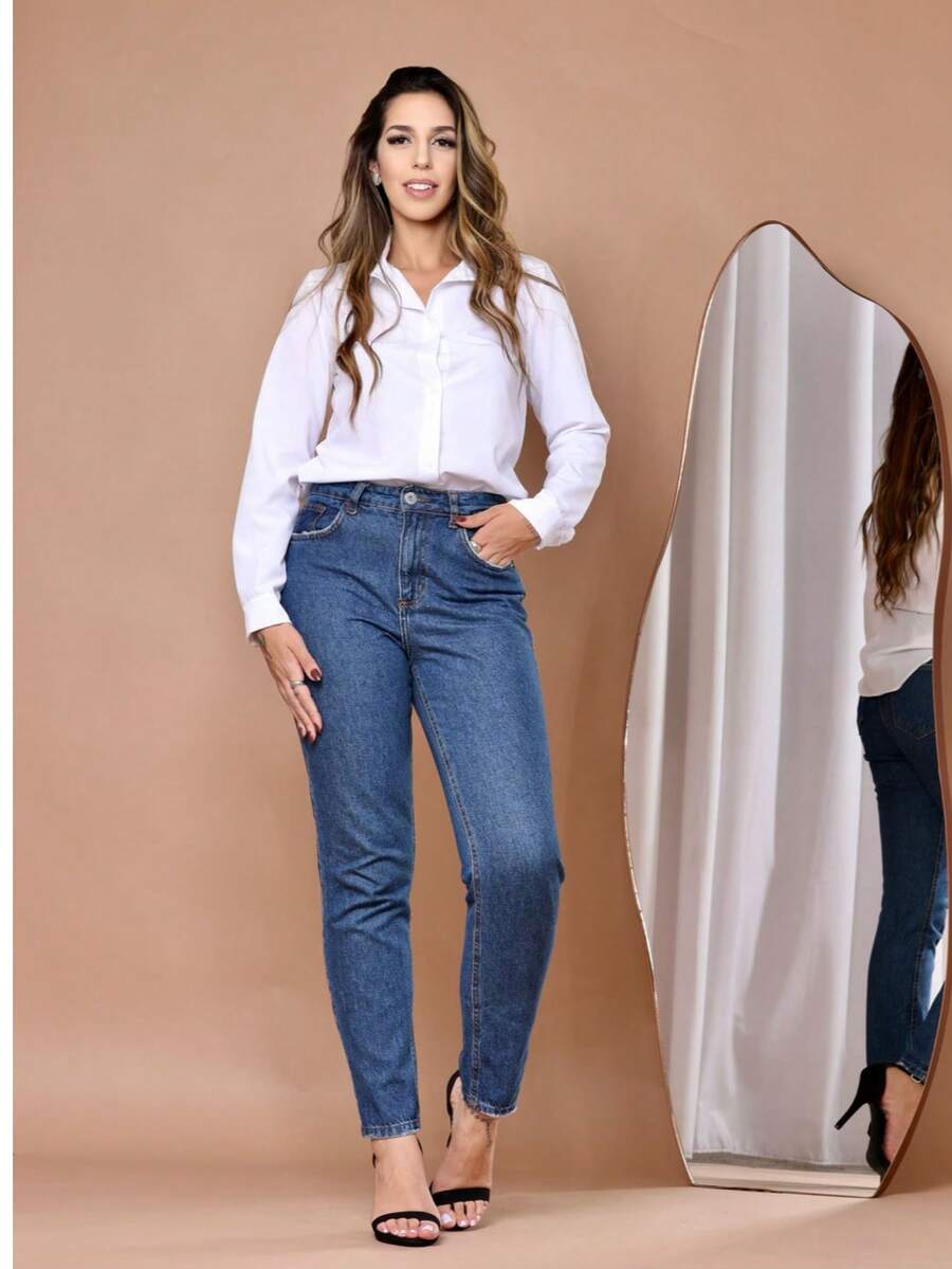 Women's Long Sleeve Plain Dress Shirt - 白色 - 查看 1