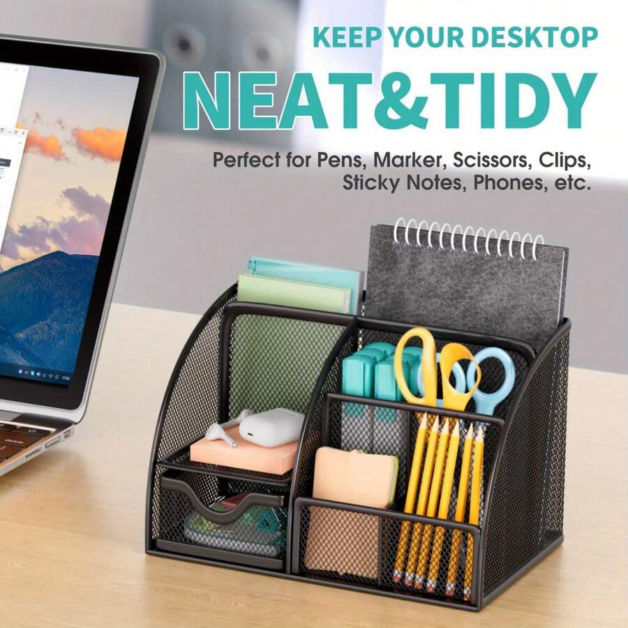 黑色金属网格桌面收纳盒，带抽屉和6个隔层，节省空间，可收纳笔、便签纸、回形针、订书机和其他办公用品，创意金属笔筒，铅笔和文件收纳盒，7格分隔收纳盒，办公用品收纳盒 - 彩色 - 查看 1