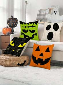 4 Peças Capas de Almofada de Halloween - 45 x 45 cm Capa de Almofada Retro com Expressões de Personagens de Halloween - Capa de Almofada Rústica Colorida de Halloween para Decoração de Casa, Sofá, Presente de Aniversário, Formatura, Decoração de Outono, Decoração de Quarto