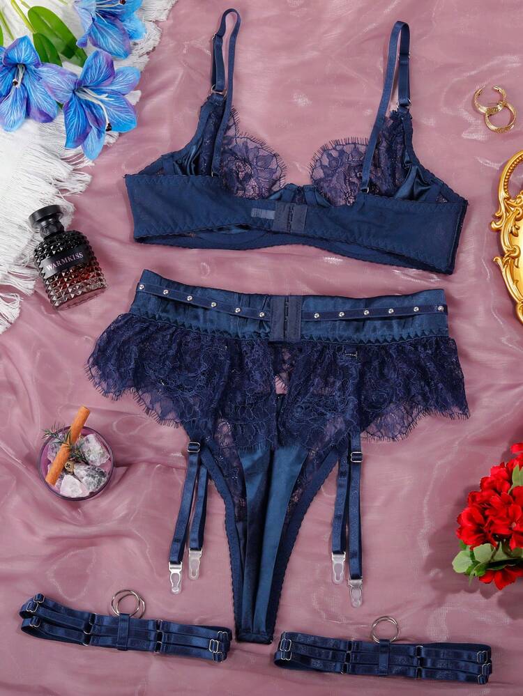 Women's Sexy Lingerie Mesh See-Through Camisole Shape 3 Pcs Set - Navy Blue - View 8