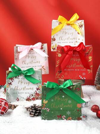 5 件圣诞快乐礼品袋，带蝴蝶结丝带，小号纸质礼品包装袋，带透明窗口，适用于节日派对、生日和主题庆祝活动，圣诞礼品包装装饰
