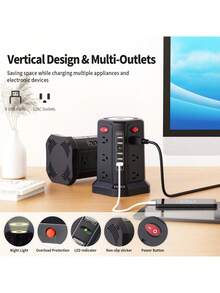 PASSUS Surge Protector Power Panel Tower With 5 USB Ports And Night Light, 10ft Extension Cord With 12 AC Multi-Outlets, PASSUS Power Tower, Home Office Dorm Room Overload Protection (2 Packs - White + Black)