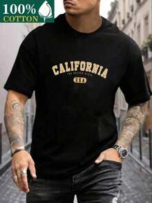 Camiseta casual de cuello redondo para hombres, minimalista y de moda para uso diario, 100% algodón, 230g - Negro - Ver 1