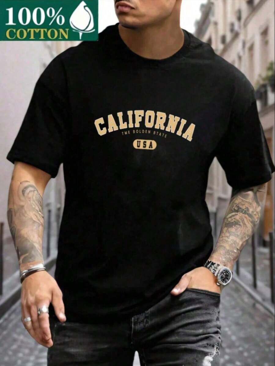 Camiseta casual de cuello redondo para hombres, minimalista y de moda para uso diario, 100% algodón, 230g - Negro - Ver 1