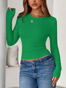 Women Spring And Fall Long Sleeve Shirts Ribbed Crewneck Fitted Basic Tee Going Out Tops Casual Workout Vacation Outfits - 綠色 - 查看 3