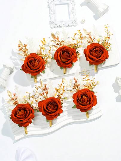 6pcs/1pc Elegant Artificial Fabric Rose Boutonniere With Gold Foliage & White Accents - Perfect For Groomsmen, Weddings, Proms & Formal Events Party Homecoming Decor