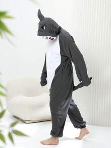 Adult Men's Cartoon Shark One-Piece Pajamas, Autumn And Winter Thickened Animal One-Piece Pajamas, Hooded Warm Home Clothes, Halloween Costumes, Christmas Role-Play Party Costumes - 深灰色 - 查看 5