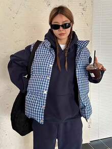 Women's Korean/Japanese Style Casual Blue Plaid Vest, Layered Outerwear, Sleeveless, Loose Cotton Jacket, Autumn/Winter
