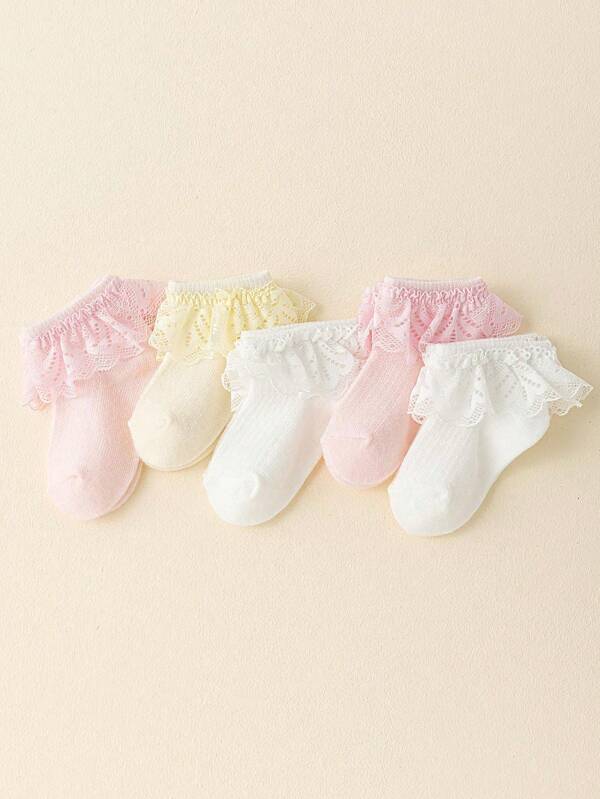 3/5 pares de calcetines de media caña con volantes de encaje y malla transpirable para niñas, adecuados para uso diario y temporada de bodas