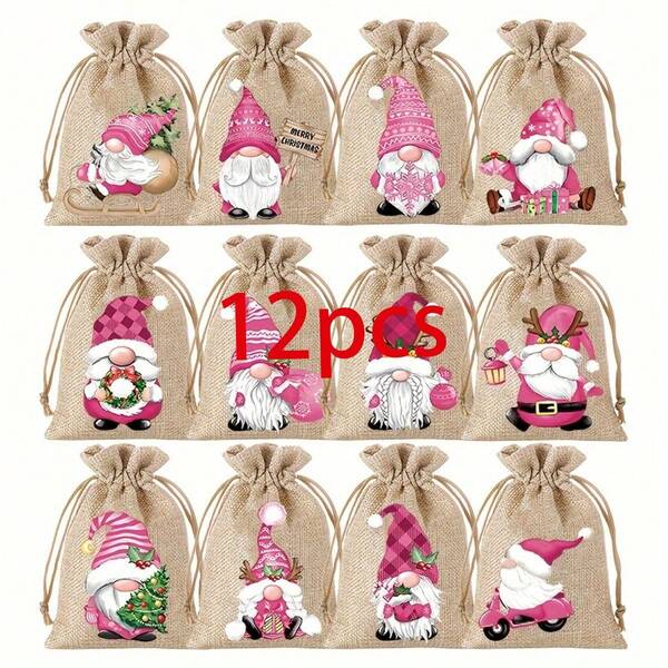 12pcs Christmas Linen Bundle Pocket, Snack Storage Bag, Random Pattern Gift Bag, Party Drawstring Gift Bag