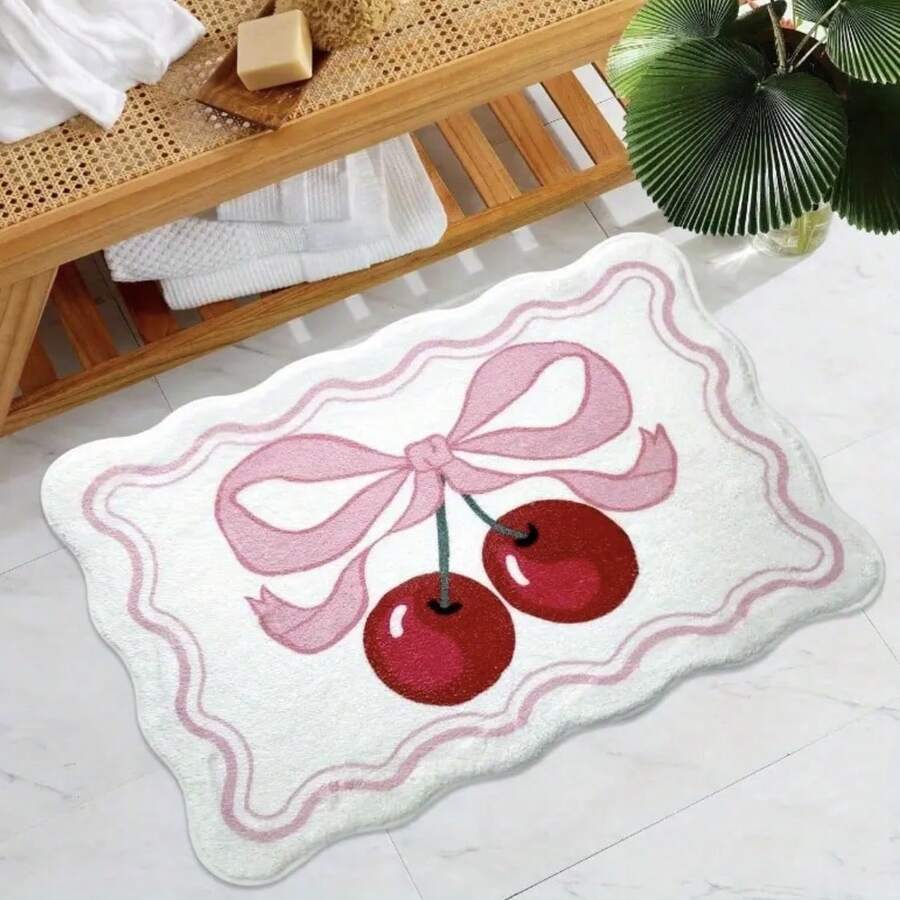 1pc Lovely Bow & Cherry Bathroom Mat Carpet, Sweet & Cute Style Girly Carpet, Soft & Plush Faux Wool Carpet, Suitable For Living Room, Bedroom, Closet, Entryway, Kitchen, Bedside, Durable & Dust-Proof - Multicolor - View 1