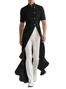 INCERUN Fashion Mens Stand Collar Button Front  Short Sleeve Ruffles Hem Blouse Holiday Casual Party Long Shirt Tops - màu đen - Xem 2