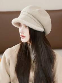 1pc Women's Autumn Warm Windproof Thick Fluffy Edge Octagonal Hat, Painter Cap, Newsboy Cap, Suitable For Daily Use Winter Fall - Fur Brim Octagonal Hat - View 6