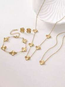 5 件优雅手工抛光不锈钢四叶草项链手链耳环首饰套装，适合日常佩戴 - 金色 - 查看 5