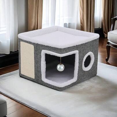 Luxury Multi-Story Cat House With 2-Tier Bed, Play Tunnel, Foldable Sofa, Scratching Rope, And Comfort Pad - Cozy Indoor Cat Cube Bed With Plush Hangi