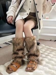 1 chiếc tất giữ ấm chân bằng lông nhân tạo màu nâu trơn mịn, phù hợp với mọi mùa, phong cách Y2K giữ ấm cho mùa đông và mùa thu - màu nâu - Xem 6