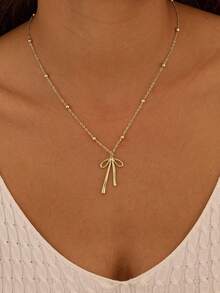 1件金色蝴蝶结吊坠串珠项链套装，简约可爱时尚女孩项链，优雅简约蝴蝶结吊坠项链 - 彩色 - 查看 9