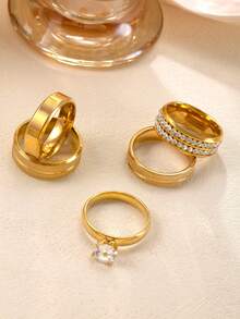 4/5pcs Fashionable & Elegant Stainless Steel Gold-Tone Women Rhinestone Ring Set, Suitable For Daily Wear, Festivals, Dates, Engagements, Weddings, Gift For Lover, Friend, Family - Gold - View 7