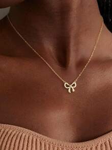 1 件金色蝴蝶结蝴蝶结吊坠锁骨链套装简约可爱时尚女孩百搭高端项链时尚简约蝴蝶结吊坠项链 - 金色 - 查看 8