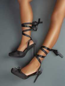 春季新款优雅时尚女士高跟方头踝带缎带蝴蝶结芭蕾鞋头黑底凉鞋