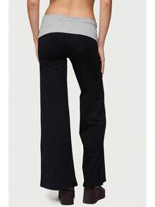 Fold Over Yoga Pants Elastic Waist Low Rise Straight Wide Leg Sweatpants Y2k Color Block Flare Yoga Lounge Leggings Stretchy Loose Gym Pants Back To School Clothes For Teen Girls Women - 黑 - 查看 5