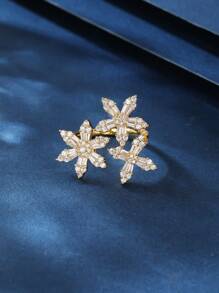 1pc Copper Material Zirconia Snowflake Design Open Ring, Fashionable And Elegant, Suitable For Gifts, Women's Daily And Holiday Wear