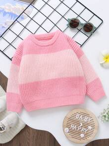Contrast Color Round Neck Long Sleeve Casual Minimalist Pullover Sweater, Classic Fashion Baby Girl Tops - Pink - View 3