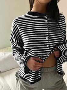 Vivid Style 秋冬新款女装时尚街头宽松条纹针织开衫毛衣外套，街头风，机场，圣诞节，圣诞毛衣，新年黑色度假风 - 黑色 - 查看 5