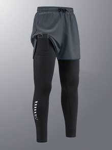 男士二合一运动裤，带衬里，弹力速干跑步、健身、篮球长裤 - 深灰色 - 查看 3